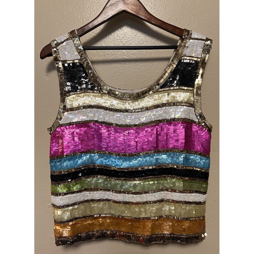 Vintage 80s PM IBE Sequin Silk Tank Top Multi Color Stripe Sz L Disco Retro Rare